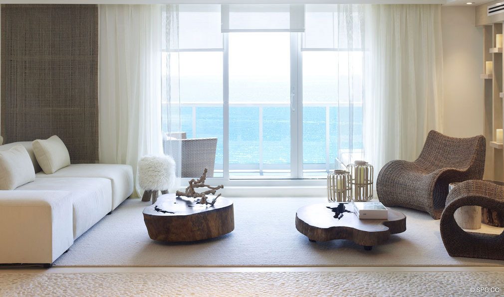 Living Room at 1 Hotel & Homes South Beach, Luxury Oceanfront Condominiums Located at 2399 Collins Ave, Miami Beach, FL 33139