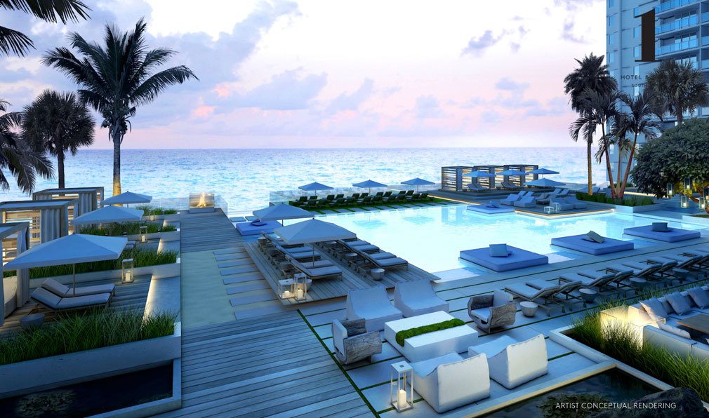 Oceanfront Pool Deck at 1 Hotel & Homes South Beach, Luxury Oceanfront Condominiums Located at 2399 Collins Ave, Miami Beach, FL 33139