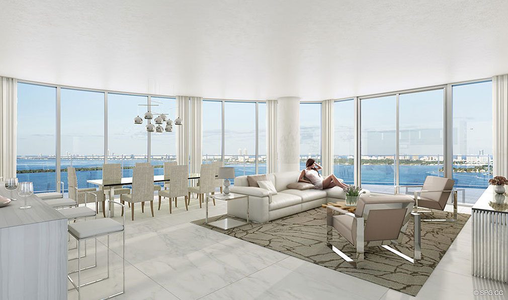 Living Room at Aria on the Bay, Luxury Waterfront Condominiums Located at 1770 North Bayshore Drive, Miami, FL 33132
