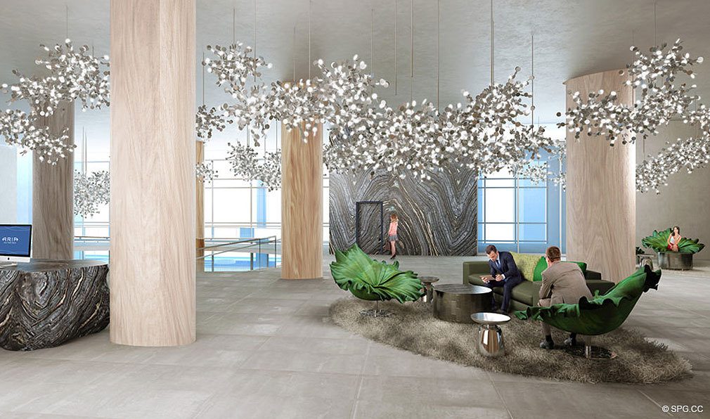 Modern Lobby at Aria on the Bay, Luxury Waterfront Condominiums Located at 1770 North Bayshore Drive, Miami, FL 33132