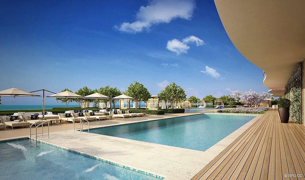 Spacious Pool Deck at Fendi Chateau Residences, Luxury Oceanfront Condominiums Located at 9365 Collins Ave, Surfside, FL 33154