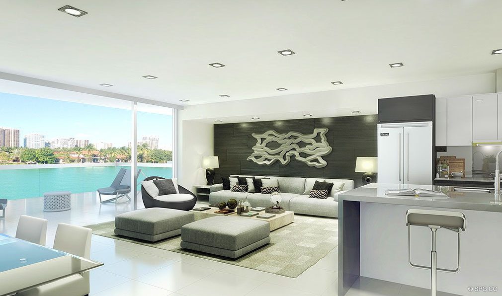 O Residences Living Room, Luxury Waterfront Condominiums Located at 9821 E Bay Harbor Dr, Miami Beach, FL 33154