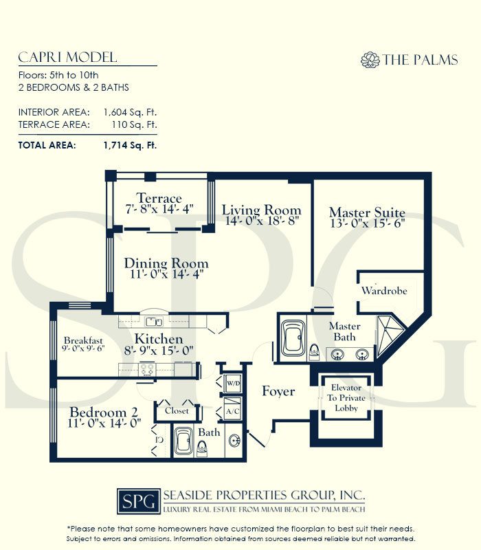 Capri Floorplan for The Palms, Tower I South, Luxury Oceanfront Condo in Fort Lauderdale, Florida 33305