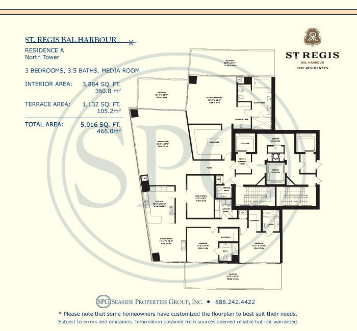 Floorplan for The St. Regis Bal Harbour North Tower, Luxury Oceanfront Condominium, 9701 Collins Avenue, Bal Harbour, Miami Beach,  Florida 33154