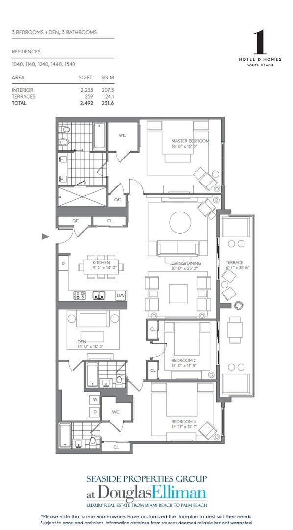 3 Bedroom Model F Floorplan for 1 Hotel & Homes South Beach, Luxury Oceanfront Condominiums Located at 2399 Collins Avenue, Miami Beach, Florida 33139