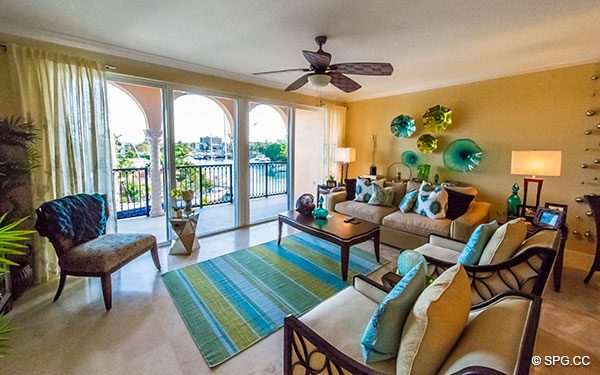 Living Room with Terrace Access inside Residence 3B at Hemingway Landings, Luxury Waterfront Condominiums in Fort Lauderdale, Florida 33316
