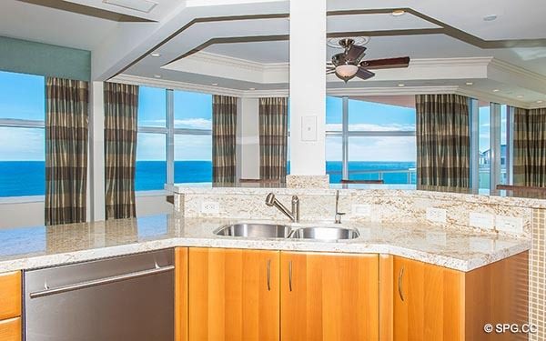 Ocean View from Kitchen inside Residence 14E, Tower I at The Palms, Luxury Oceanfront Condominiums in Fort Lauderdale, Florida 33305.