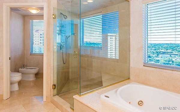 Master Bath with Frameless Glass Shower in Residence 14E, Tower I at The Palms, Luxury Oceanfront Condominiums in Fort Lauderdale, Florida 33305.