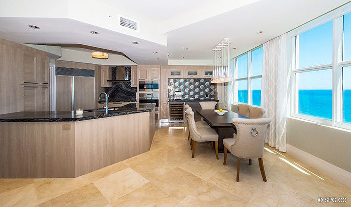 Open Kitchen and Dining Room in Residence 17E, Tower I at The Palms, Luxury Oceanfront Condominiums Fort Lauderdale, Florida 33305.