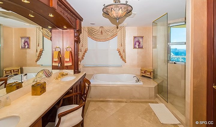 Relaxing Bathroom with Whirlpool Tub in Grand Penthouse 30A, Tower II at The Palms, Luxury Oceanfront Condos in Fort Lauderdale, South Florida 33305
