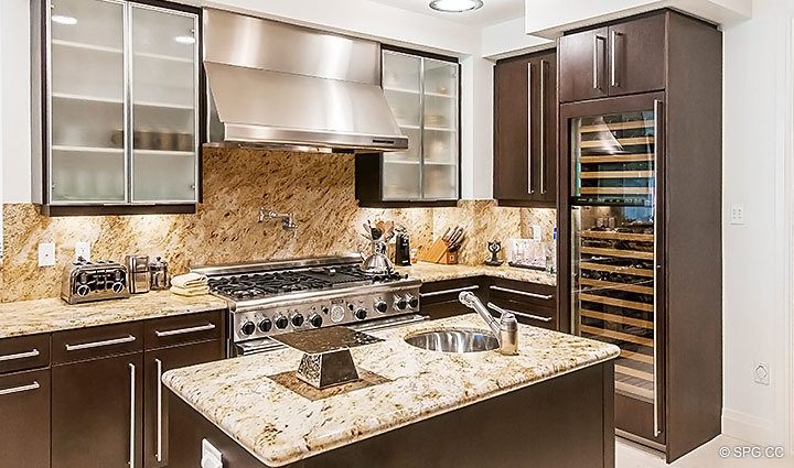 Gourmet Kitchen inside Residence 206 at Bellaria, Luxury Oceanfront Condominiums in Palm Beach, Florida 33480.