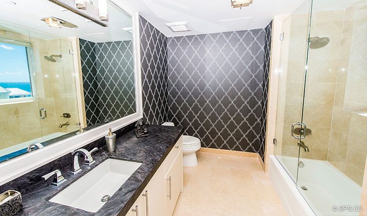 Guest Bathroom in Residence 17E, Tower I at The Palms, Luxury Oceanfront Condominiums Fort Lauderdale, Florida 33305.