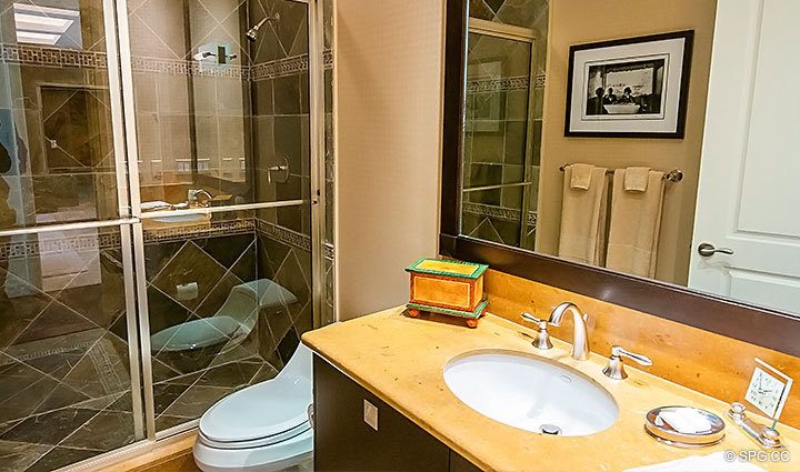 Guest Bathroom inside Residence 206 at Bellaria, Luxury Oceanfront Condominiums in Palm Beach, Florida 33480.
