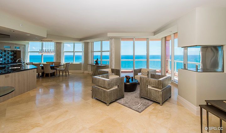Entry into Living Room inside Residence 17E, Tower I at The Palms, Luxury Oceanfront Condominiums Fort Lauderdale, Florida 33305.