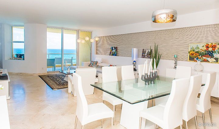 Dining Room Leading to Terrace in Residence 17A, Tower I at The Palms, Luxury Oceanfront Condominiums Fort Lauderdale, Florida 33305.