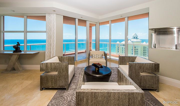 Living Room Terrace Access in Residence 17E, Tower I at The Palms, Luxury Oceanfront Condominiums Fort Lauderdale, Florida 33305.