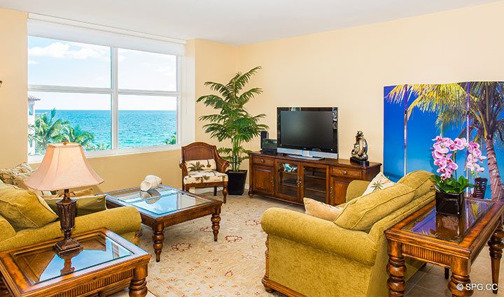 Beautiful Living Room View Inside Residence 6C, Tower I at The Palms, Luxury Oceanfront Condominiums Fort Lauderdale, Florida 33305