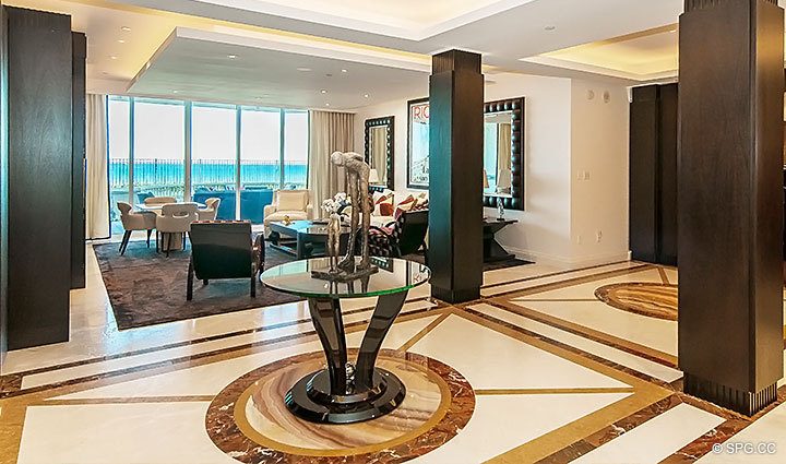 Entry into Living Room inside Residence 206 at Bellaria, Luxury Oceanfront Condominiums in Palm Beach, Florida 33480.