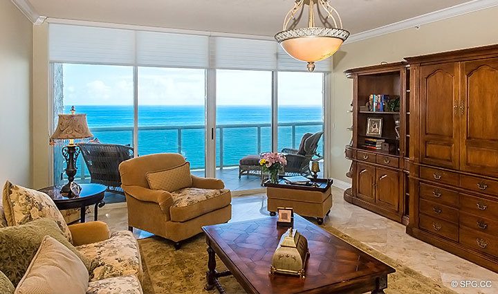 Living Room with Ocean Views in Residence 1902 at L Hermitage, Luxury Oceanfront Condominiums Fort Lauderdale, Florida 33308
