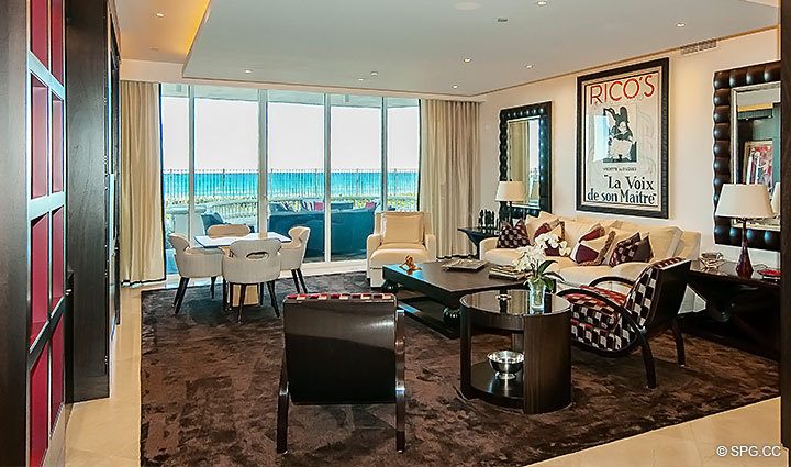 Living Room inside Residence 206 at Bellaria, Luxury Oceanfront Condominiums in Palm Beach, Florida 33480.