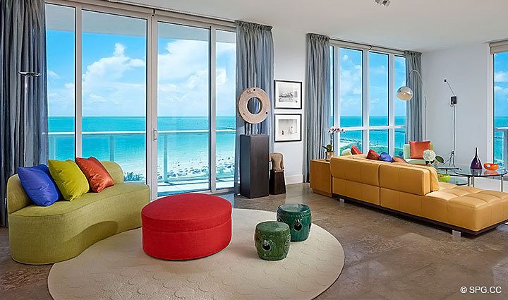 Great Room in Residence 1402/3 at The Continuum, Luxury Oceanfront Condominiums in Miami Beach, Florida 33139.