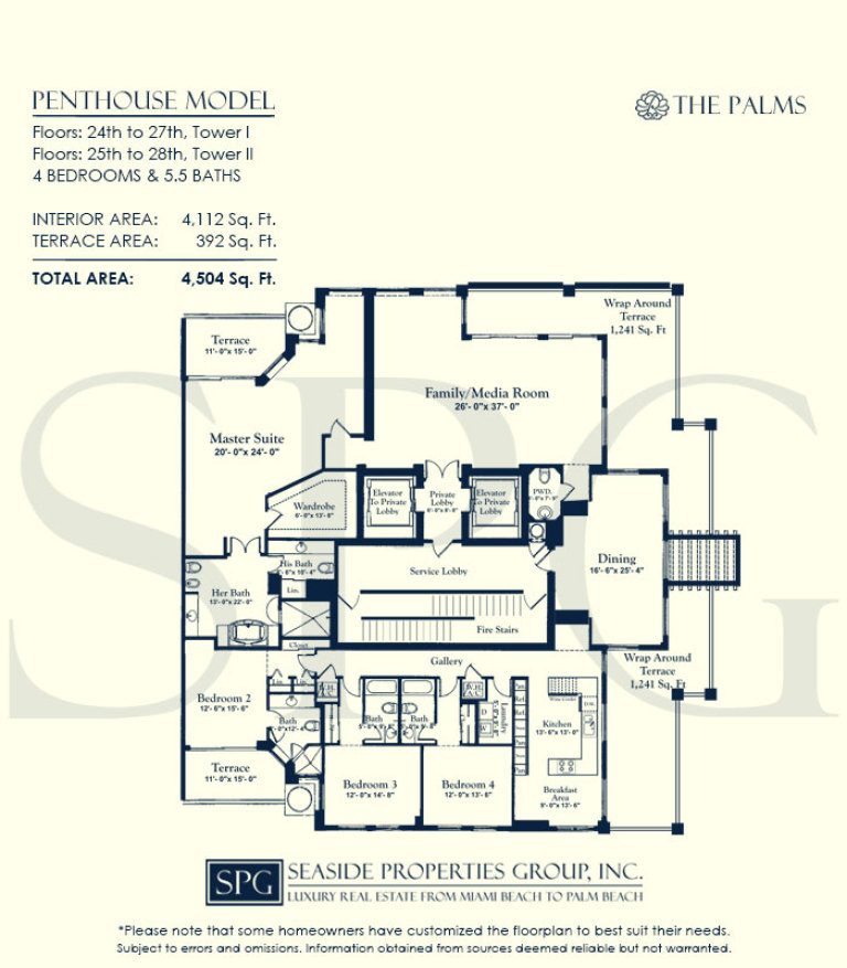 Penthouse Floorplan for The Palms, Tower I South, Luxury Oceanfront Condo in Fort Lauderdale, Florida 33305