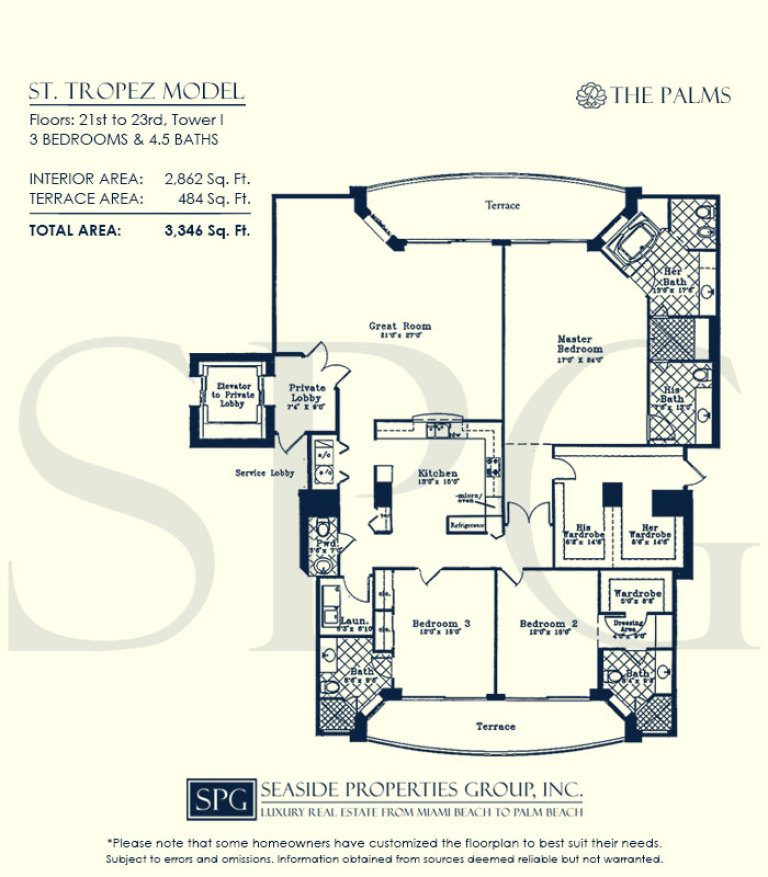 St. Tropez Floorplan for The Palms, Tower I South, Luxury Oceanfront Condo in Fort Lauderdale, Florida 33305