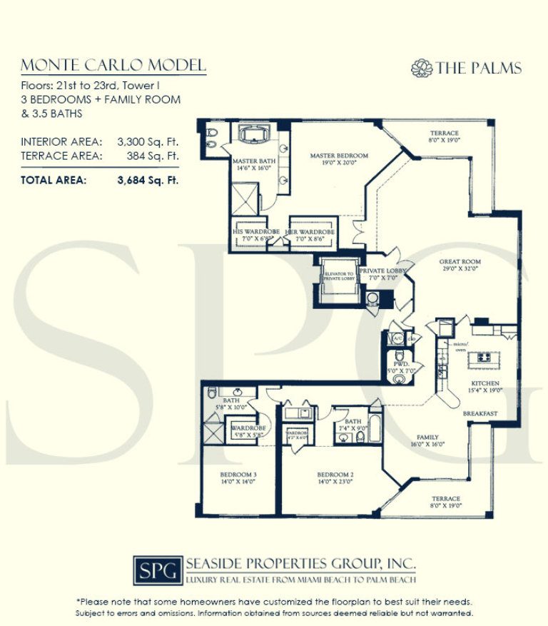 Monte Carlo Floorplan for The Palms, Tower I South, Luxury Oceanfront Condo in Fort Lauderdale, Florida 33305