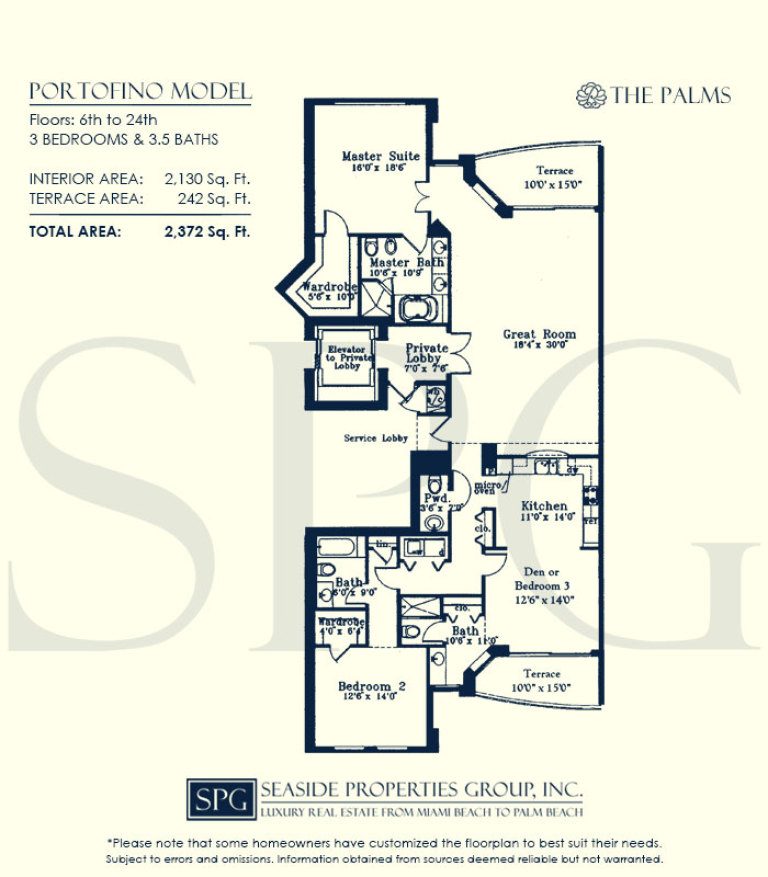 Portofino Floorplan for The Palms, Tower I South, Luxury Oceanfront Condo in Fort Lauderdale, Florida 33305