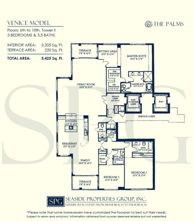 Venice Floorplan for The Palms, Tower II North, Luxury Oceanfront Condo in Fort Lauderdale, Florida 33305