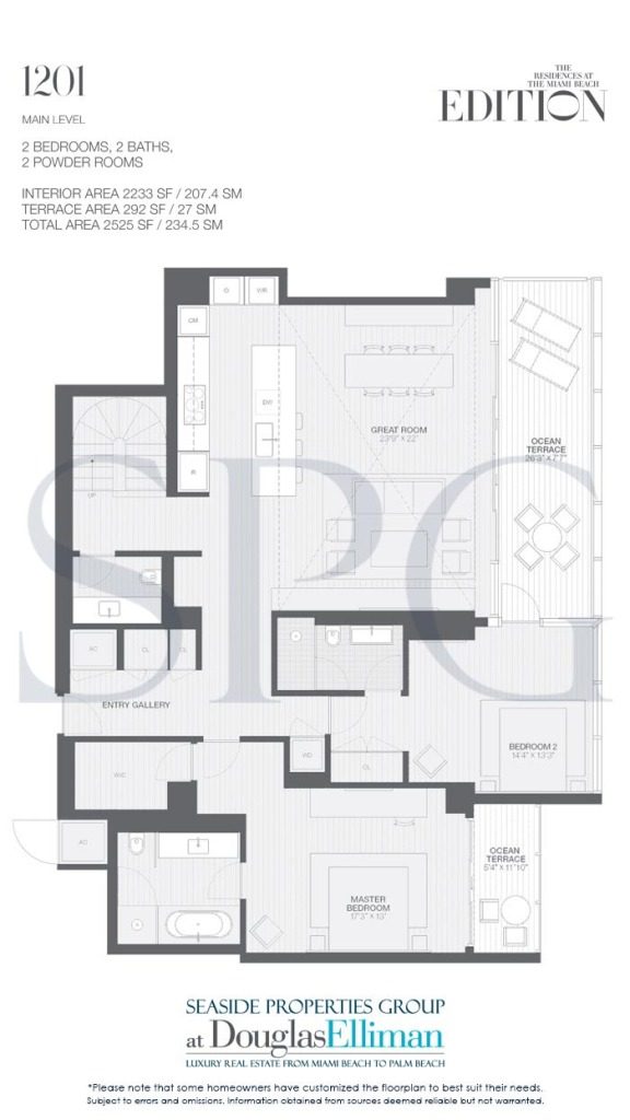 Floorplan 1201 Main for Edition, Luxury Oceanfront Condominiums Located at 2901 Collins Avenue, Miami Beach, Florida 33140