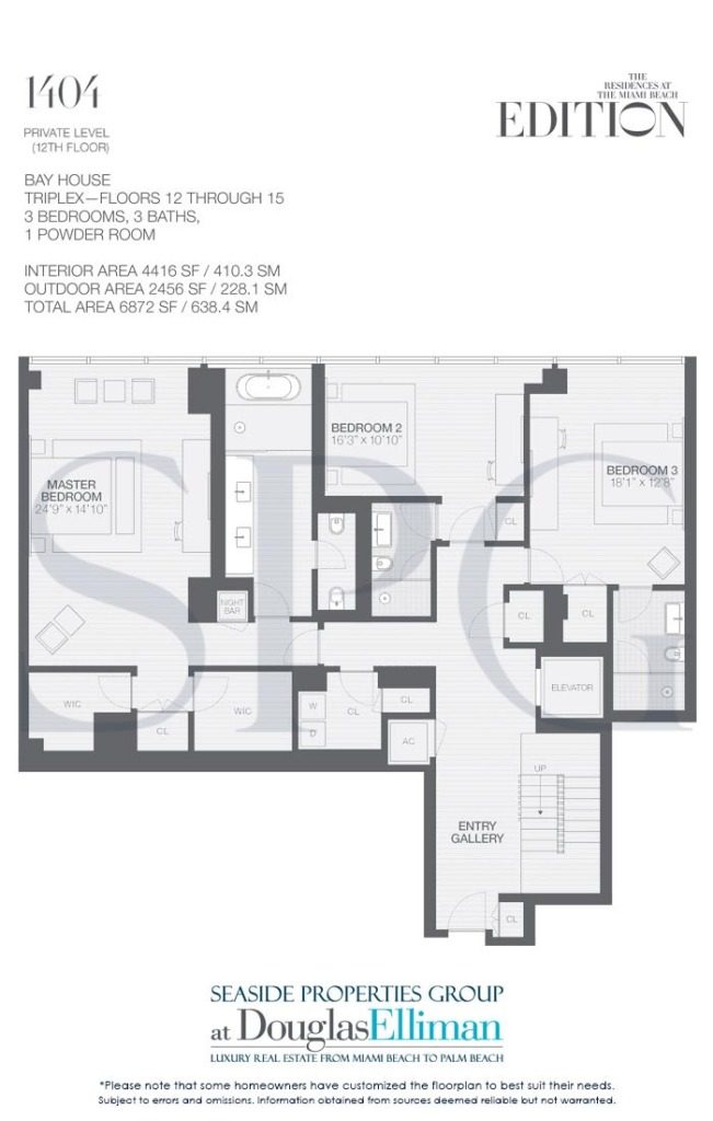Floorplan 1404 Private for Edition, Luxury Oceanfront Condominiums Located at 2901 Collins Avenue, Miami Beach, Florida 33140