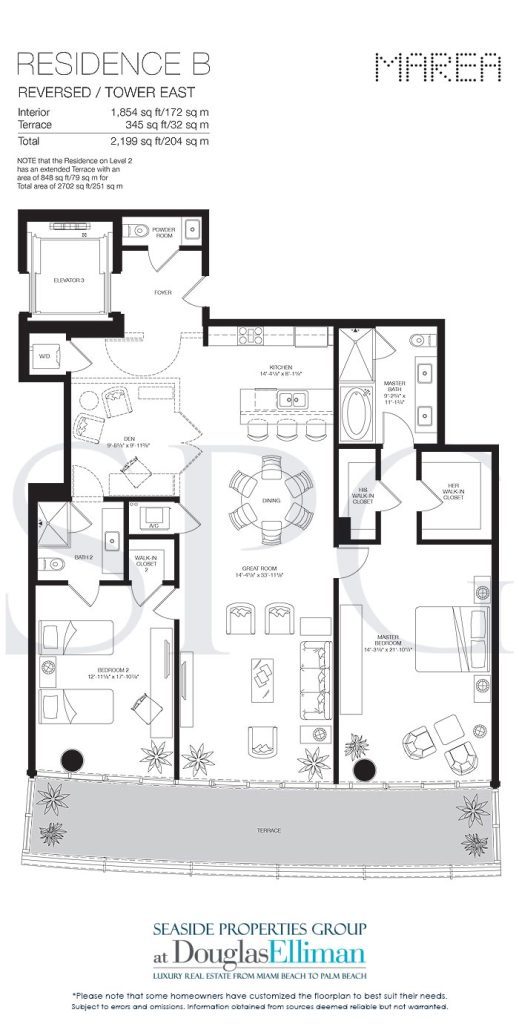 Residence B East Floorplan for Marea South Beach, Luxury Seaside Condominiums in Miami Beach, Florida 33139