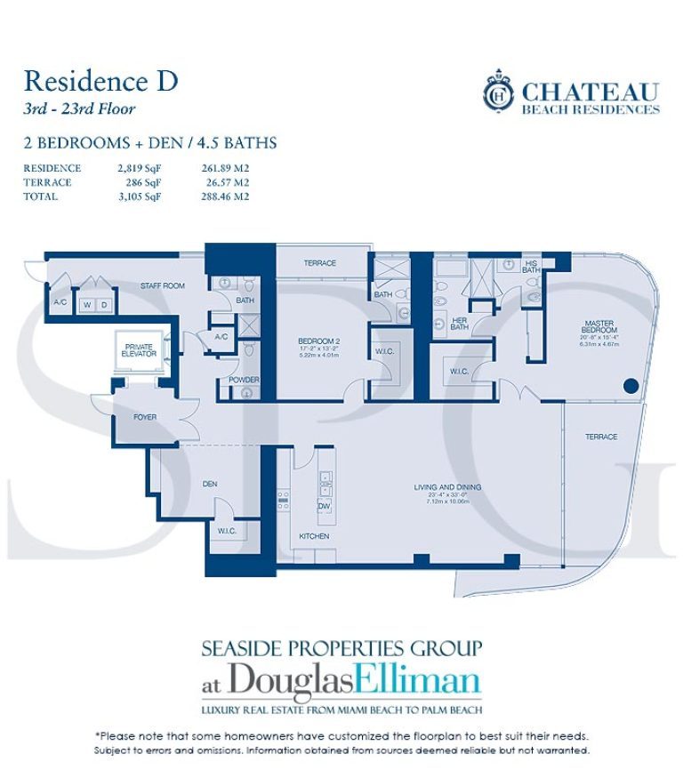 Residence D Floorplan for Chateau Beach Residences, Luxury Oceanfront Condominiums in Sunny Isles Beach, Florida 33160