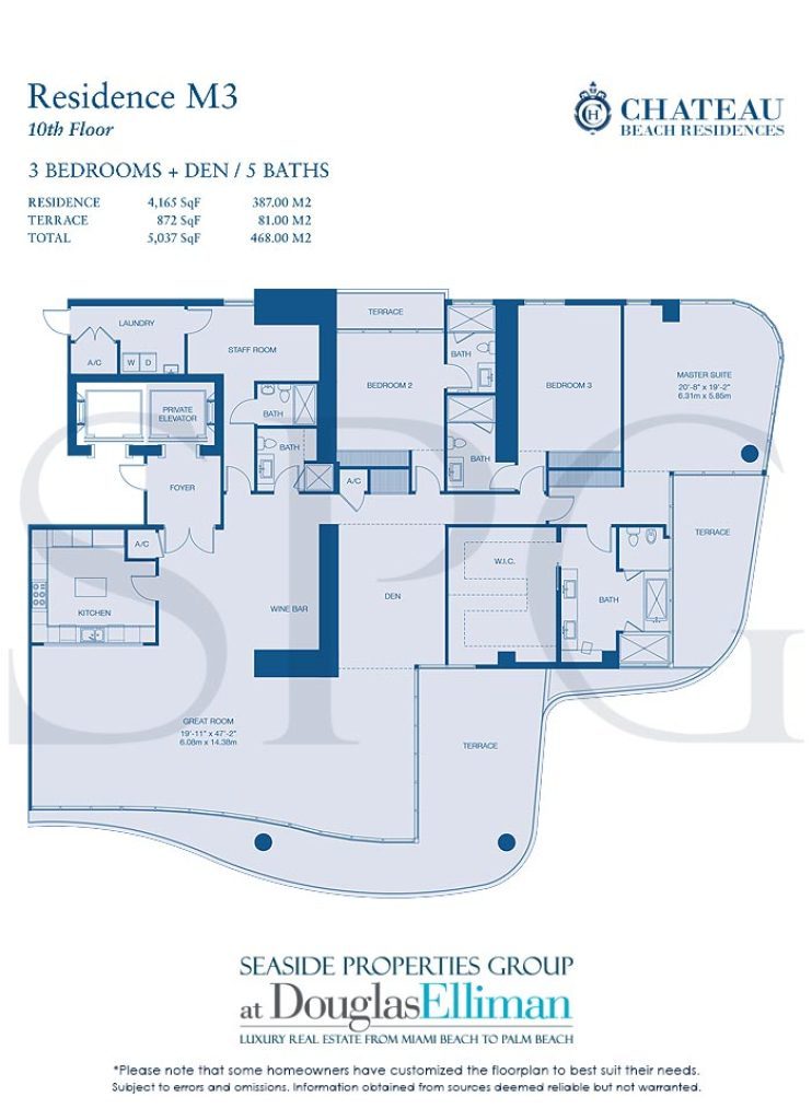 Residence M3 Floorplan for Chateau Beach Residences, Luxury Oceanfront Condominiums in Sunny Isles Beach, Florida 33160