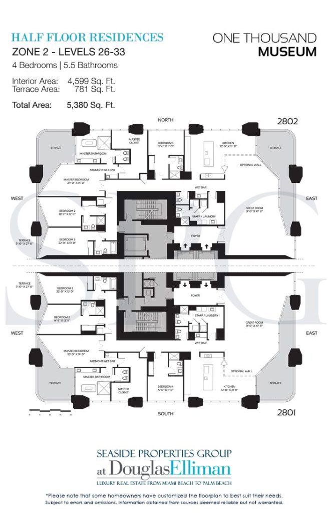 Zone 2 Half-Floor Residence Floorplans for One Thousand Museum, Luxury Condominiums in Miami, Florida 33132.