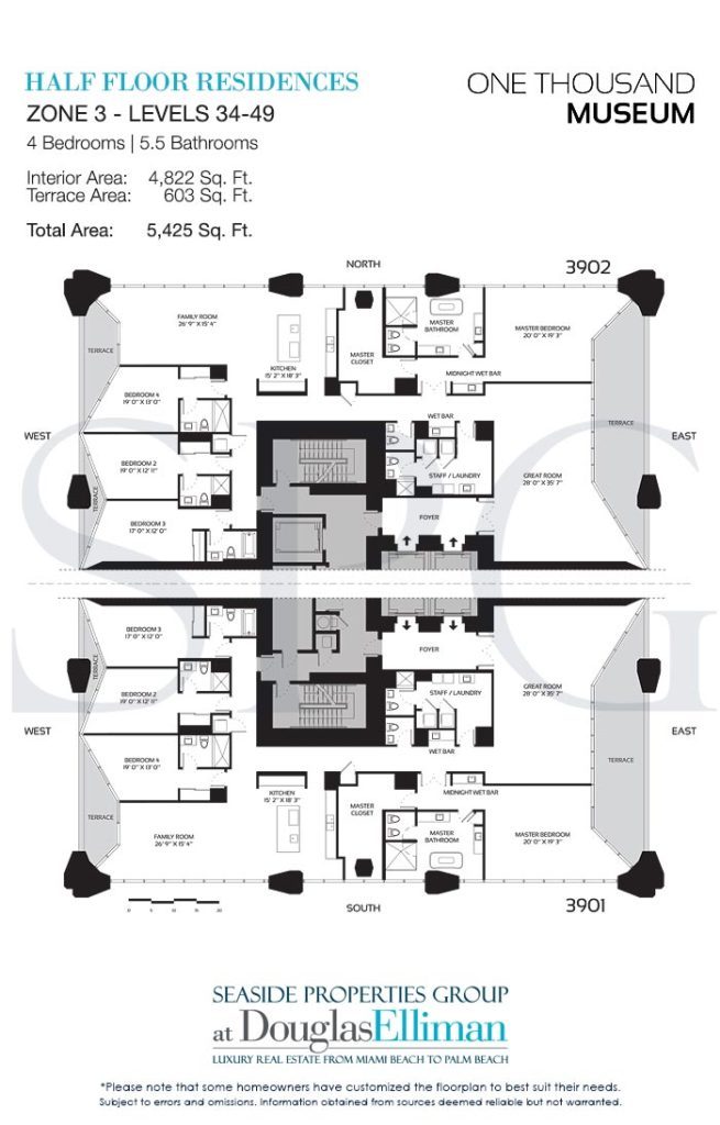 Zone 3 Half-Floor Residence Floorplans for One Thousand Museum, Luxury Condominiums in Miami, Florida 33132.