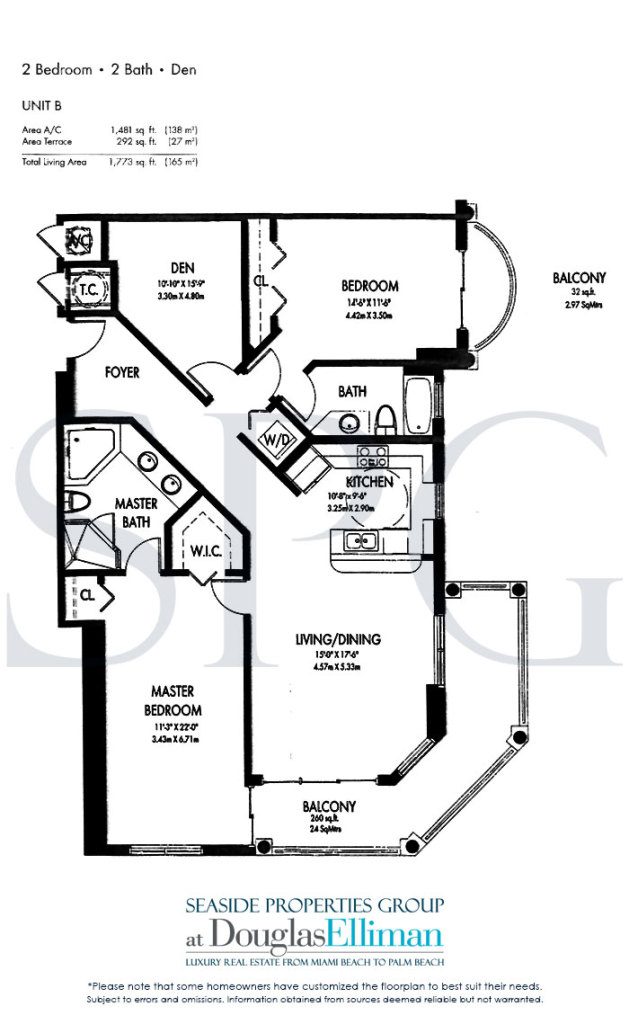 Floorplan Model  B for The Vue, Luxury Seaside Condominiums in Fort Lauderdale, Florida 33305
