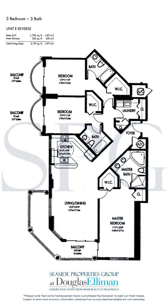 Floorplan Model E-Reverse for The Vue, Luxury Seaside Condominiums in Fort Lauderdale, Florida 33305
