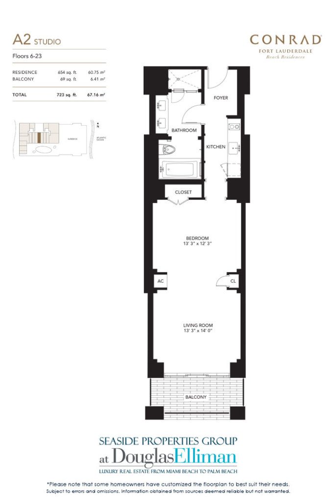 Unit A2 Floorplan for Conrad, Luxury Oceanfront Condominiums Located at 551 North Fort Lauderdale Beach Boulevard, Fort Lauderdale, Florida 33304