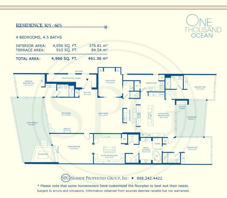 Residence 305-605 Floorplan at One Thousand Ocean, Luxury Waterfront Condo