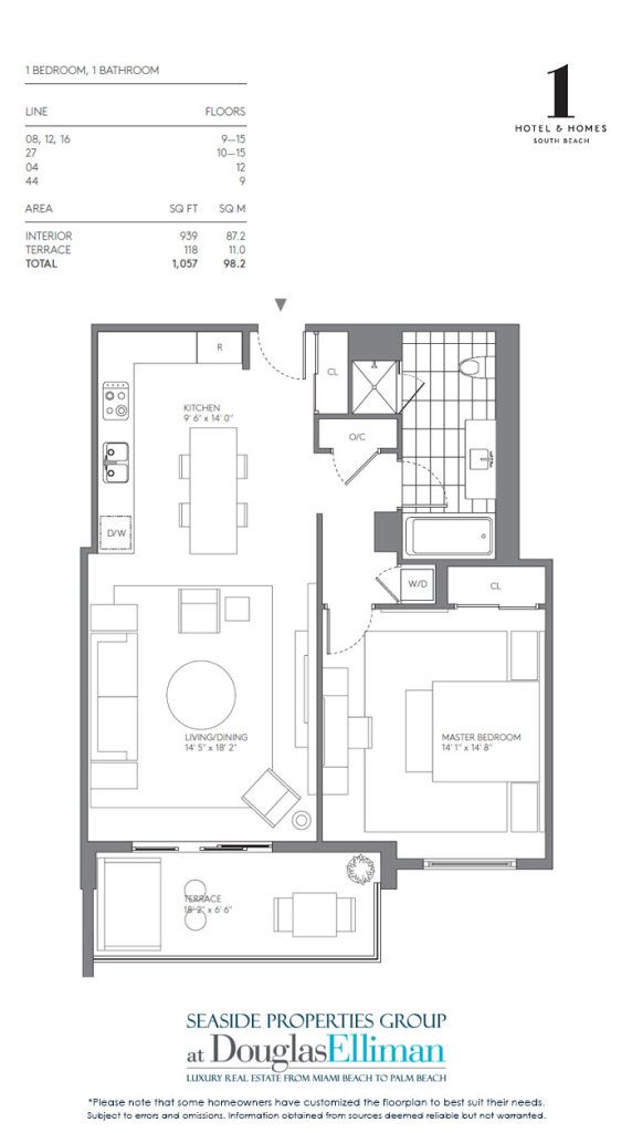 1 Bedroom Model A Floorplan for 1 Hotel & Homes South Beach, Luxury Oceanfront Condominiums Located at 2399 Collins Avenue, Miami Beach, Florida 33139