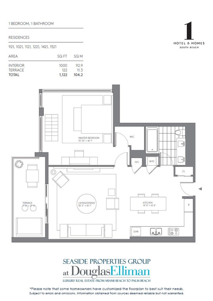 1 Bedroom Model C Floorplan for 1 Hotel & Homes South Beach, Luxury Oceanfront Condominiums Located at 2399 Collins Avenue, Miami Beach, Florida 33139