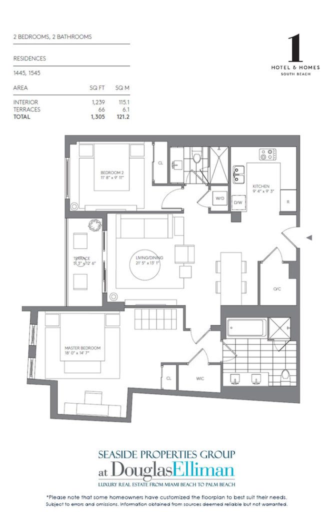 2 Bedroom Model E Floorplan for 1 Hotel & Homes South Beach, Luxury Oceanfront Condominiums Located at 2399 Collins Avenue, Miami Beach, Florida 33139