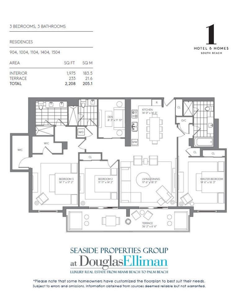 3 Bedroom Model A Floorplan for 1 Hotel & Homes South Beach, Luxury Oceanfront Condominiums Located at 2399 Collins Avenue, Miami Beach, Florida 33139
