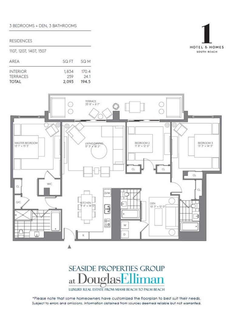 3 Bedroom Model B Floorplan for 1 Hotel & Homes South Beach, Luxury Oceanfront Condominiums Located at 2399 Collins Avenue, Miami Beach, Florida 33139