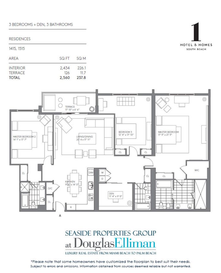 3 Bedroom Model D Floorplan for 1 Hotel & Homes South Beach, Luxury Oceanfront Condominiums Located at 2399 Collins Avenue, Miami Beach, Florida 33139
