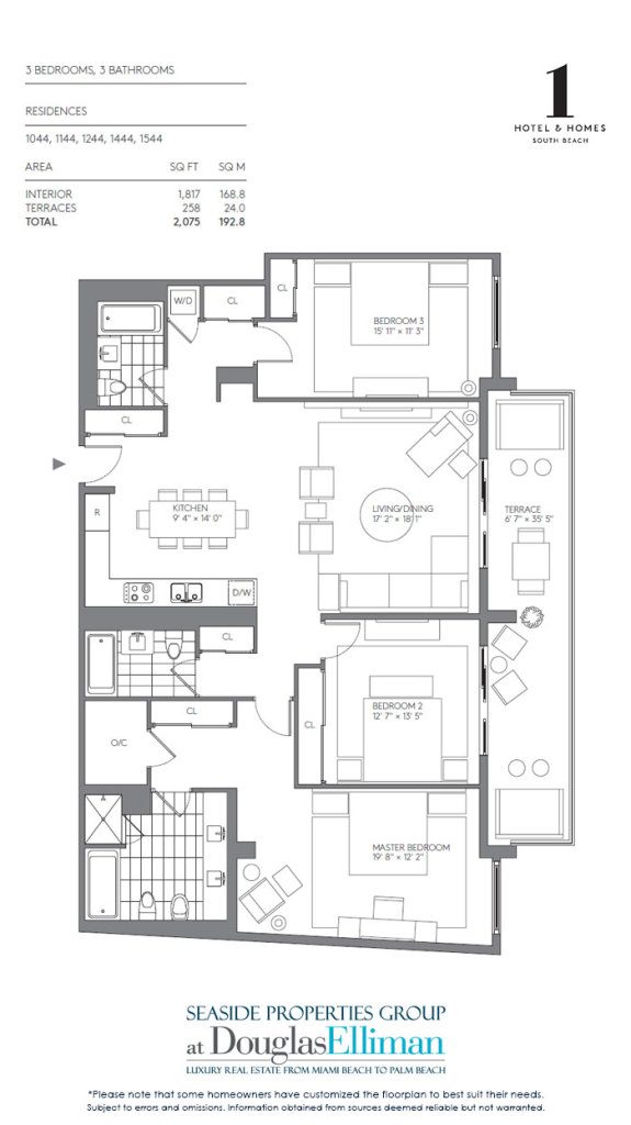 3 Bedroom Model G Floorplan for 1 Hotel & Homes South Beach, Luxury Oceanfront Condominiums Located at 2399 Collins Avenue, Miami Beach, Florida 33139