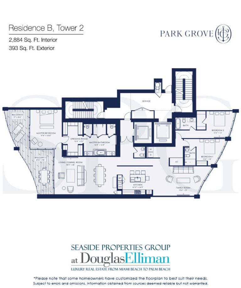 Residence B Floorplan at Park Grove, Luxury Waterfront Condominiums Located at 2701 South Bayshore Drive, Miami, Florida 33133