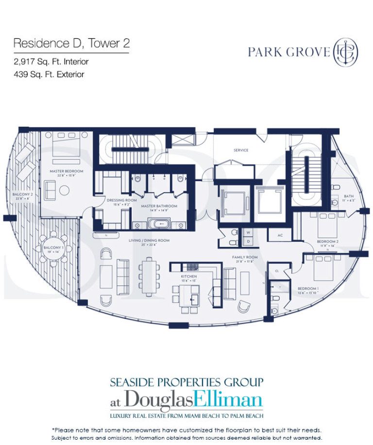Residence D Floorplan at Park Grove, Luxury Waterfront Condominiums Located at 2701 South Bayshore Drive, Miami, Florida 33133